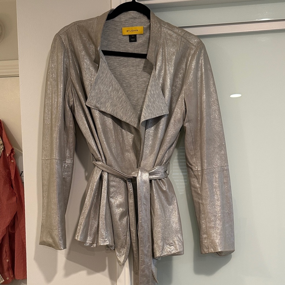 St. John Metallic Silver Draped Leather Belted Jacket